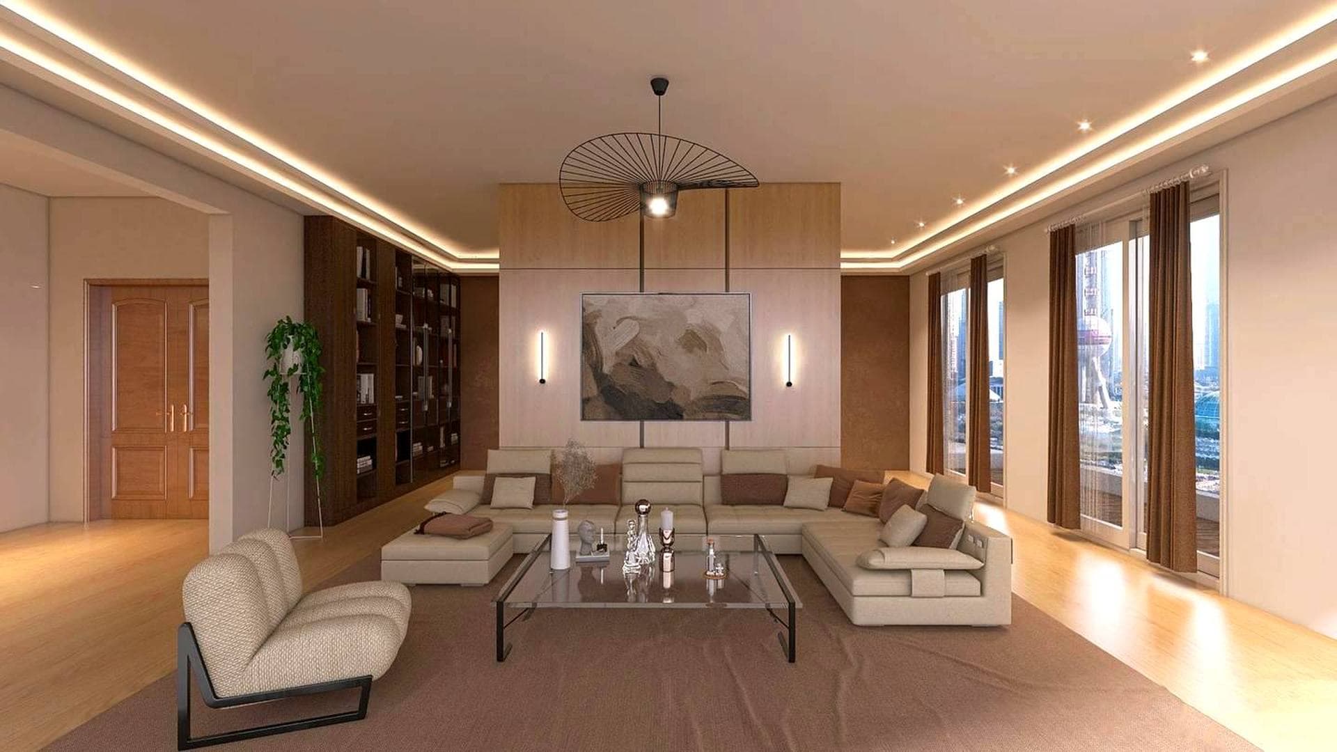 A living room with city views through full height windows
